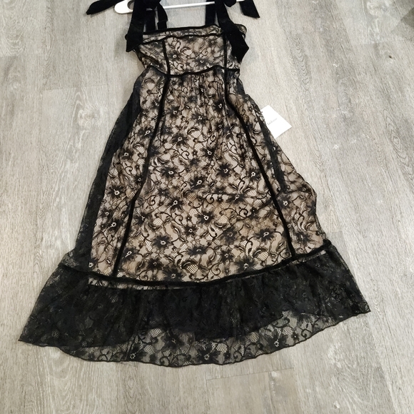 Bohme Black Lace Ribbon Strap Midi Dress, Beige Lining, Ruffle Hem, Size XS, NWT - Picture 8 of 16